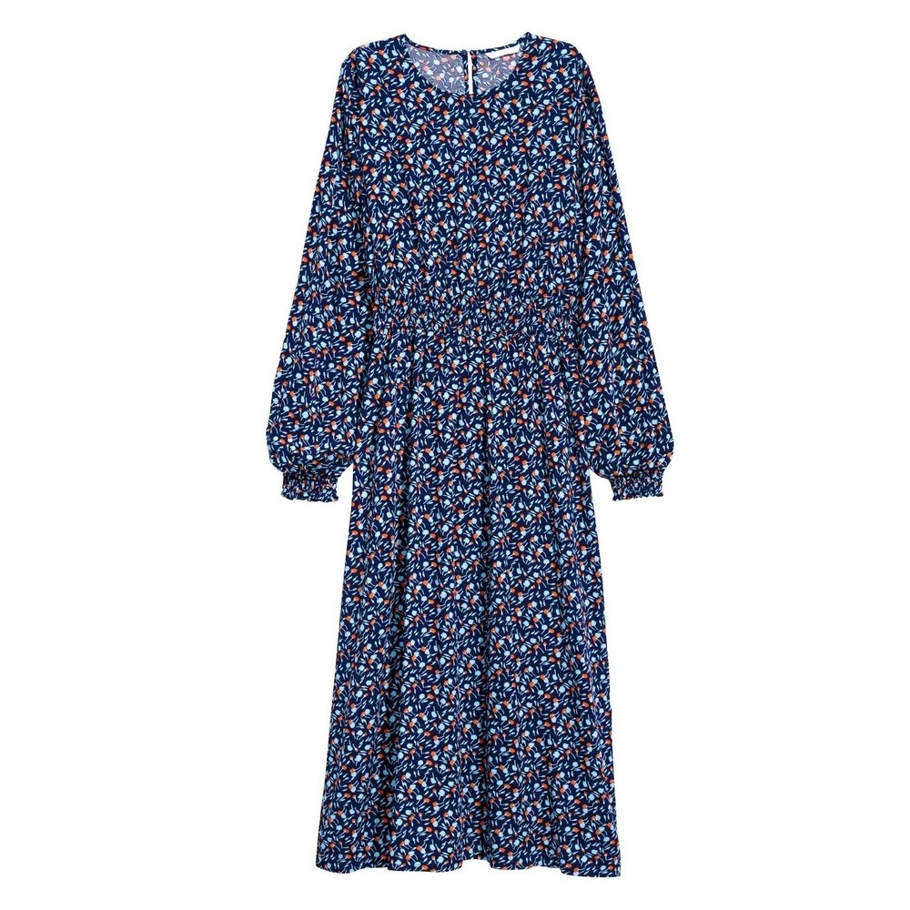 H&M Womens Y2K 00s Long Sleeved Midi Dress Size 14 Dark Blue Floral Smocking NWT